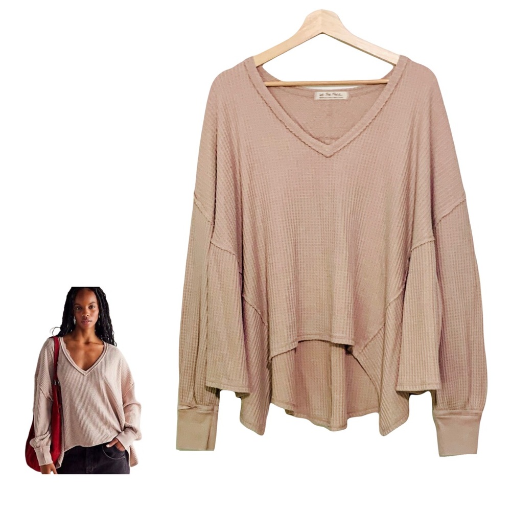 Free People Oversized Waffle V-Neck Pullover - Dusty Rose